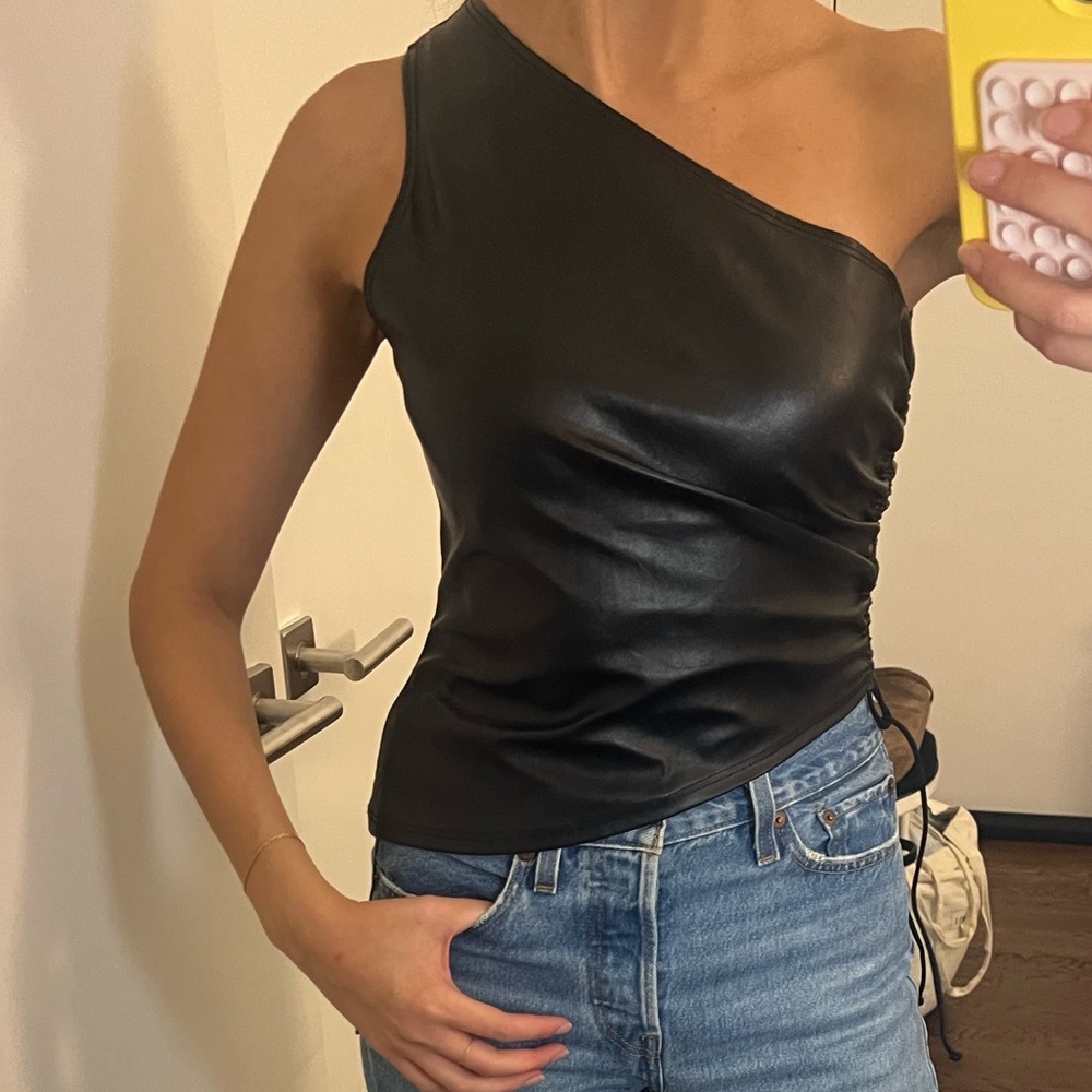 Black One-Shoulder Leather Effect Top